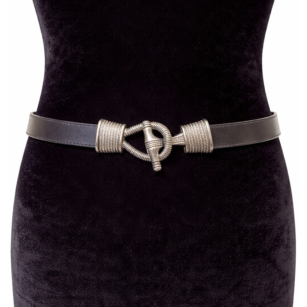 Olga Santini‎ Womens Silver Twist Toggle Waist Belt Small Black Leather Italy